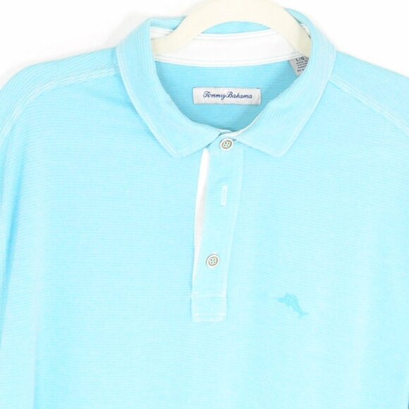 Tommy Bahama Swordfish/Marlin Polo Shirt Light Blue w/ White Stripes Mens Large - Picture 2 of 3